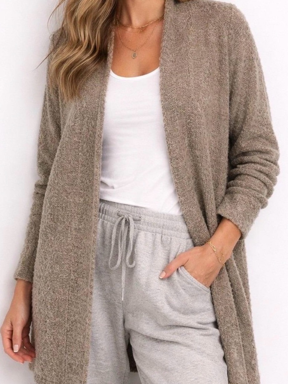 Pure J. Jill Boucle Wool Blend Open Front Cardigan Tunic Sweater XL Wheat Heath